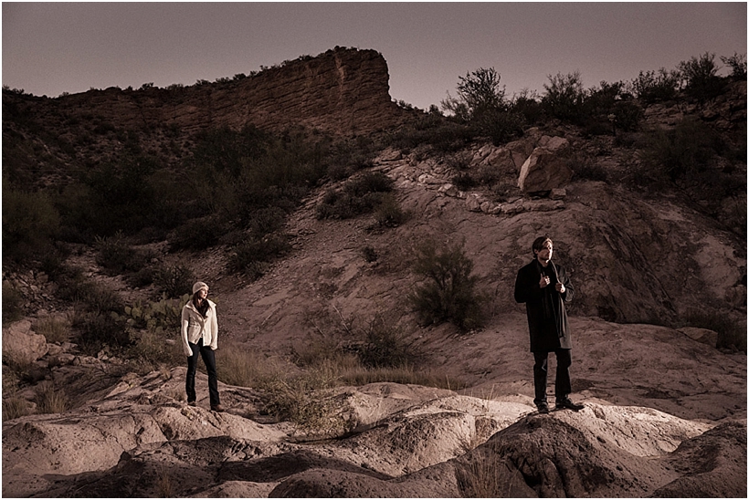 Creative engagement portrait in the desert outside of phoenix arizona by wedding photographer, Jared Platt