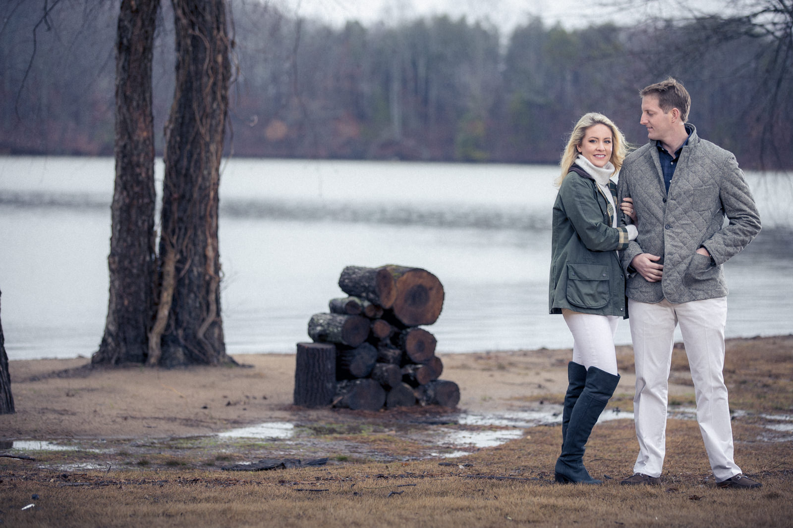 Engagement portraits in Atlanta Georgia near the lake in color